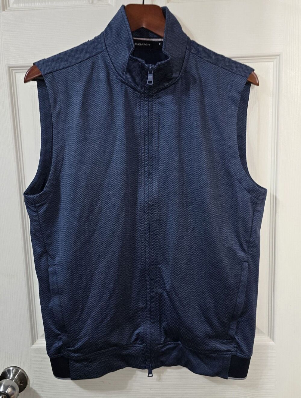 Bugatchi Mens Large Full Zip Vest Blue Herringbone Performance Golf Layer 22x27